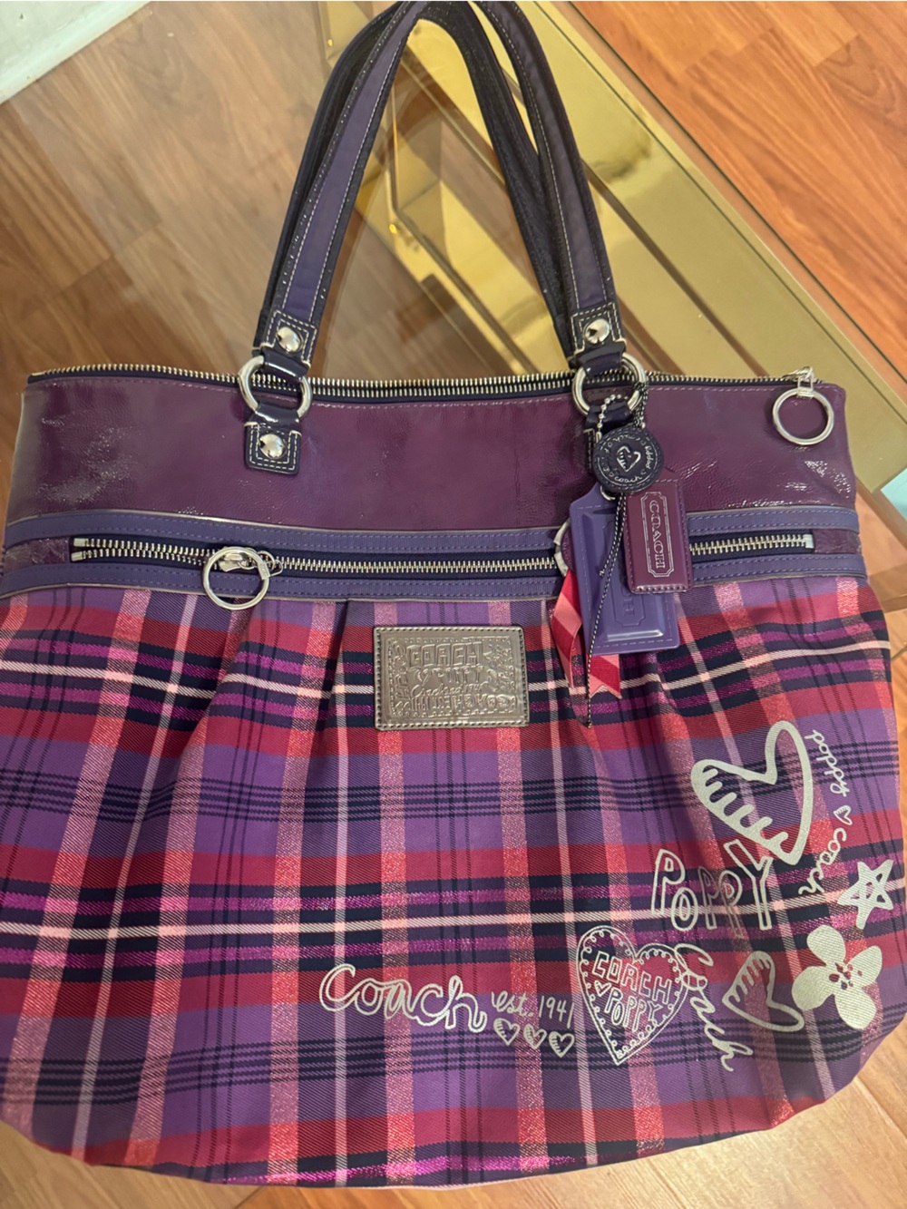 Coach Purple Plaid Tote with Leather Trim #coachpoppy poppy collection